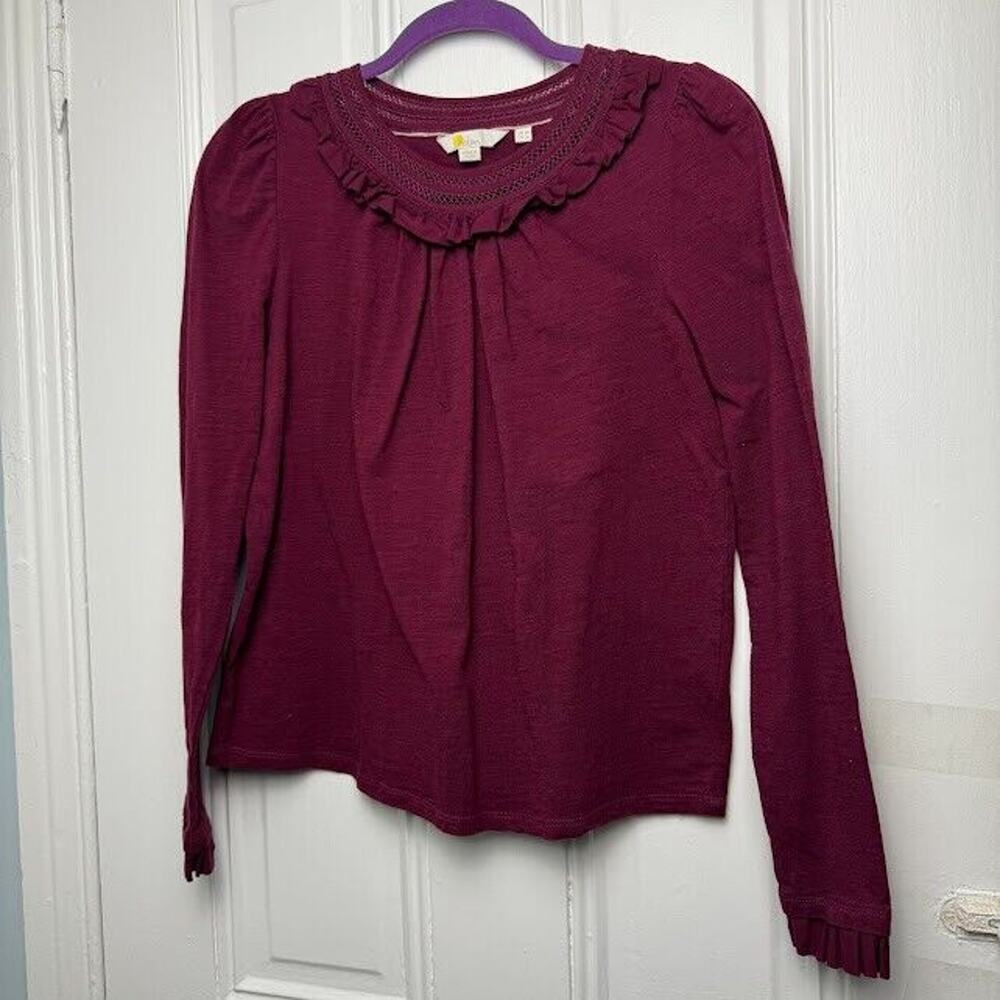 Boden Burgundy Ruffle Detail Long Sleeve Top